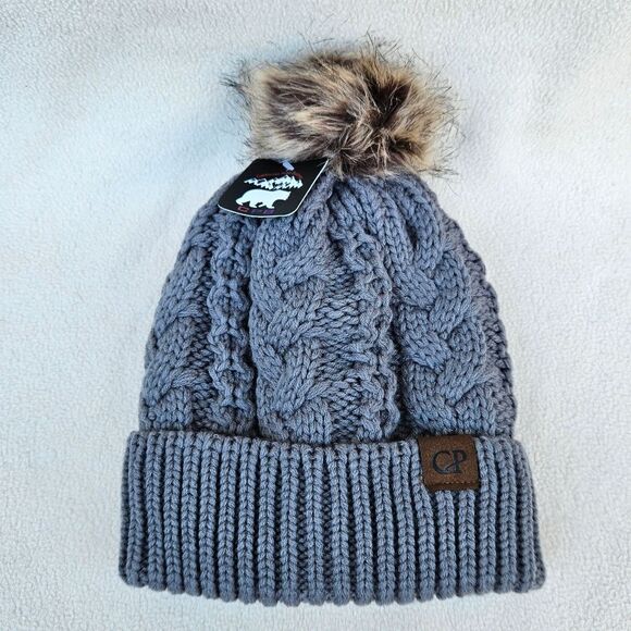 CPB Gray Chunky Knit Cuffed Beanie with Faux Fur Pom Pom and Faux Fur Lining - Picture 1 of 14